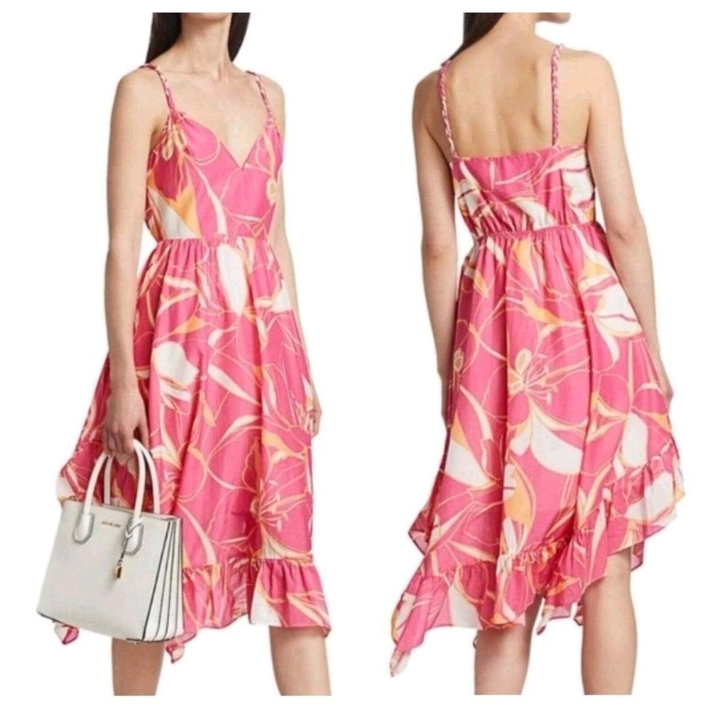 Milly Britney Stencil Floral Print Silk Blend Midi Dress Pink Orange‎ Size 8 NWT